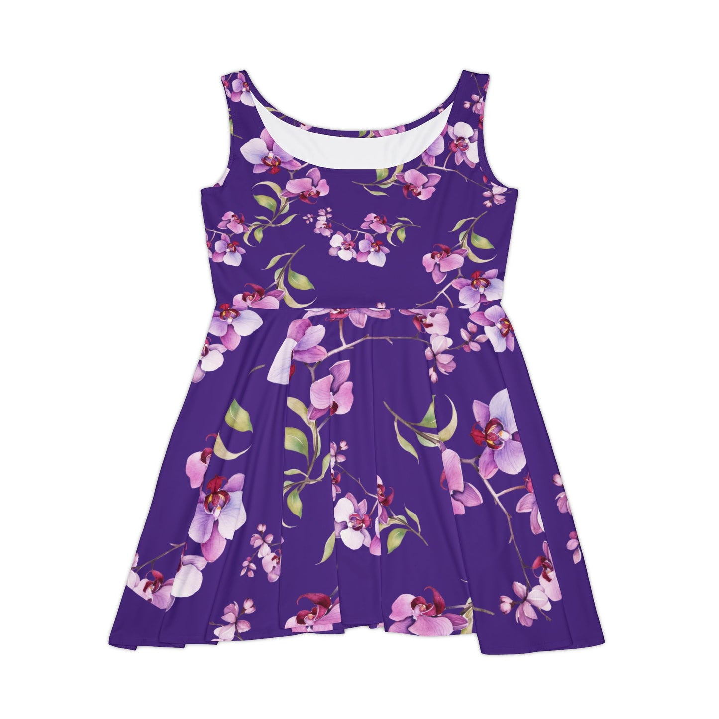 Purple Floral Women's Skater Dress, Sleeveless Elegant Summer Wear,