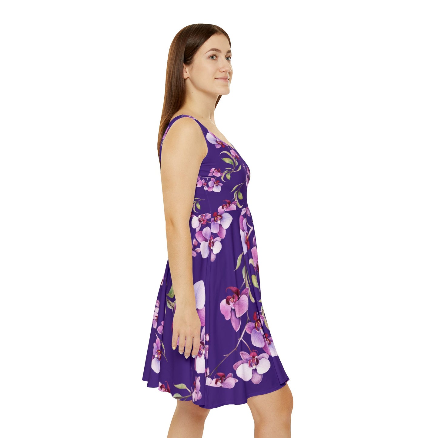 Purple Floral Women's Skater Dress, Sleeveless Elegant Summer Wear,