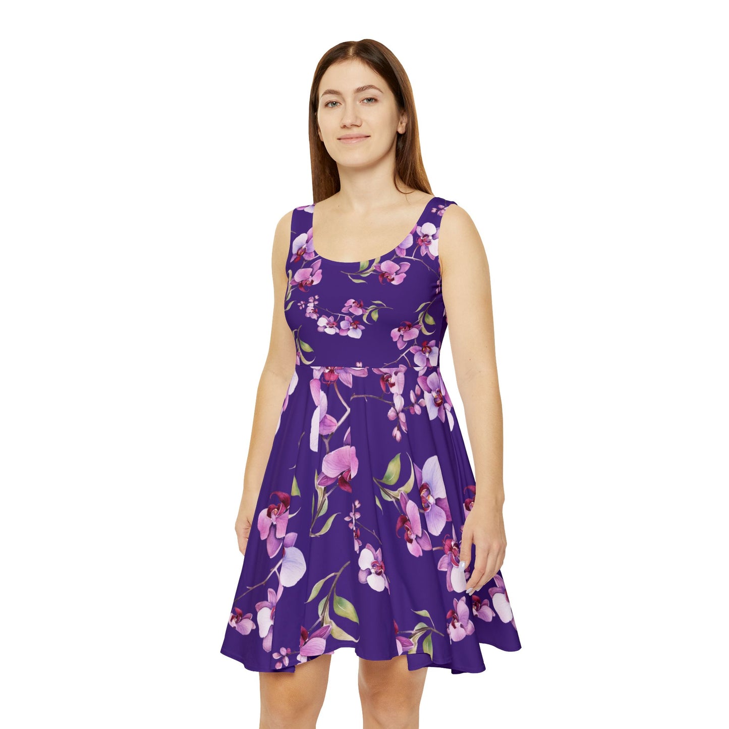 Purple Floral Women's Skater Dress, Sleeveless Elegant Summer Wear,