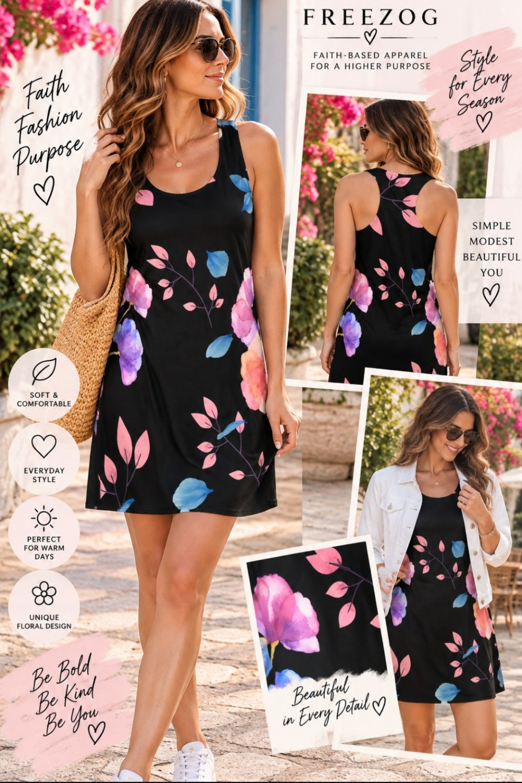 Black Floral Racerback Dress | Sleeveless Summer Dress | Women's Floral Dress | Casual Beach Dress
