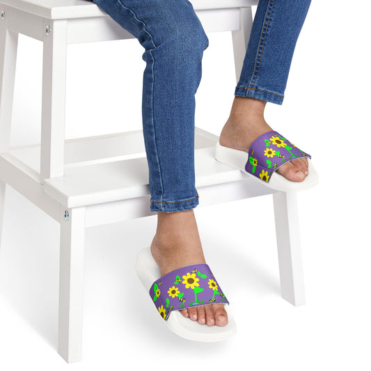 Sandals, Kids Beach Shoes, Purple Slide Sandals, Youth Flip Flops, Sunflower Design kids art, Gift for Girls