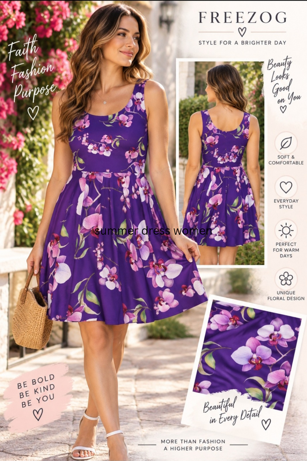 Purple Floral Dress for Women | Orchid Print Skater Dress | Sleeveless Fit and Flare Dress