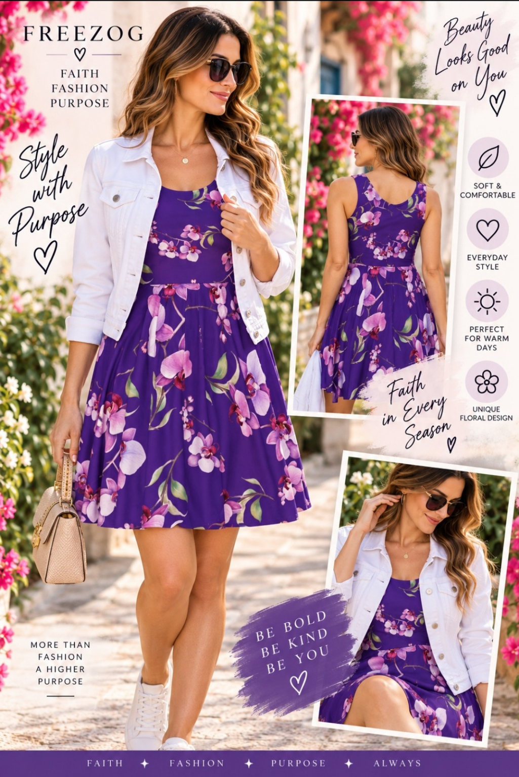 Purple Floral Dress for Women | Orchid Print Skater Dress | Sleeveless Fit and Flare Dress