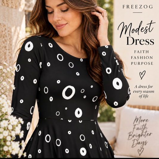 Black Long Sleeve Maxi Dress | White Circle Print | Modest Women's Dress